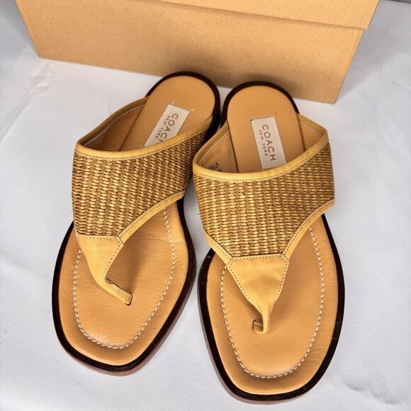 Coach Sz 7.5B Woven Square Toe Thong Sandals Nadya Des Desert Brown Leather J375 - Picture 3 of 12